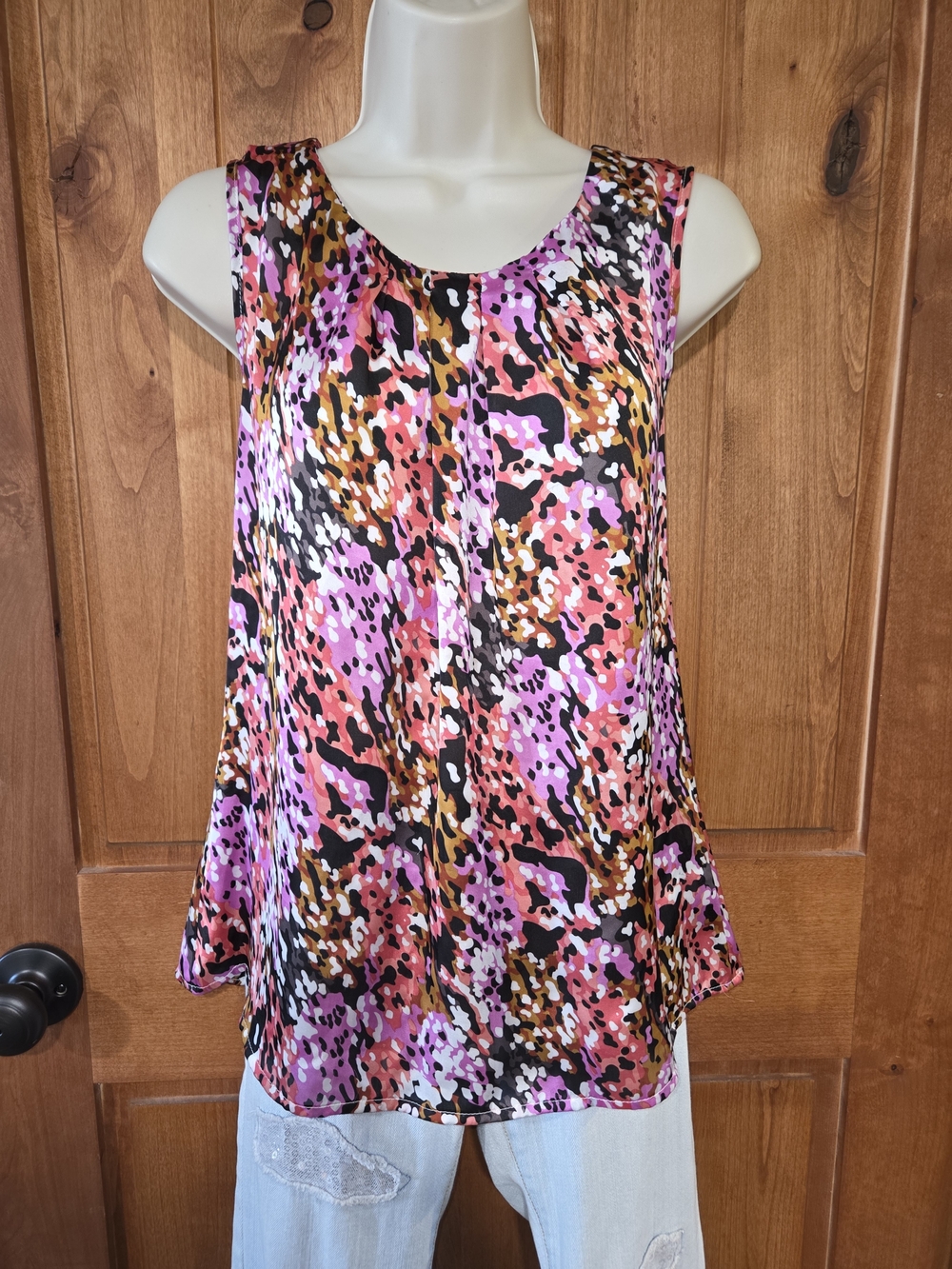 Notations Abstract‎ Print Sleeveless Tank Top in Pink, Black & Orange